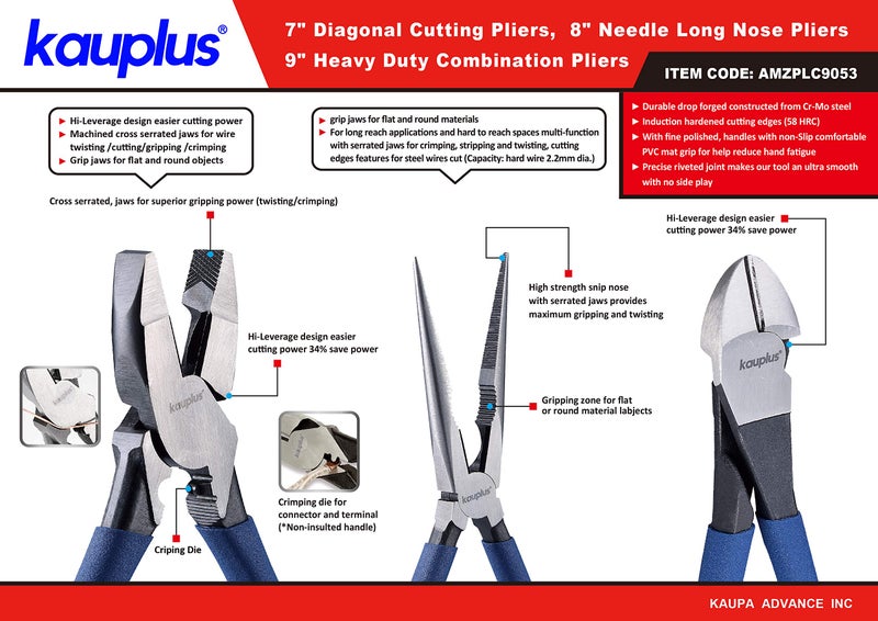 Kauplus Pro Pliers Set, 3-Piece (7-inch Diagonal Cutting, 8-inch Needle Long Nose, 9-inch Linesman) Industrial Cutters Set - Image 3